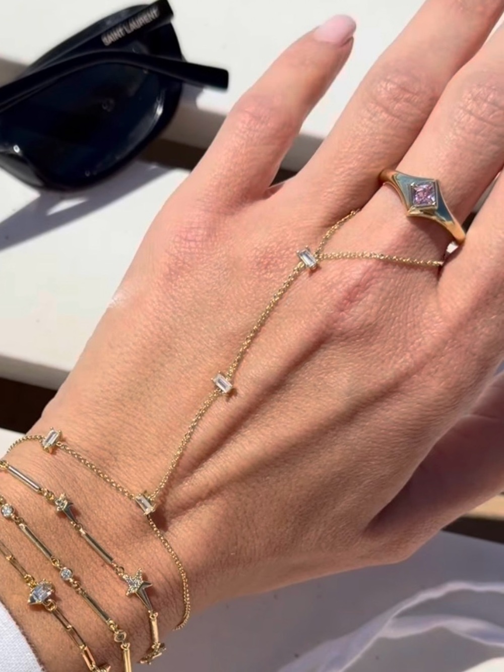 14K Gold Plated Rhodium Hand Chain Bracelet, Baguette CZ Stone Slave Bracelet
